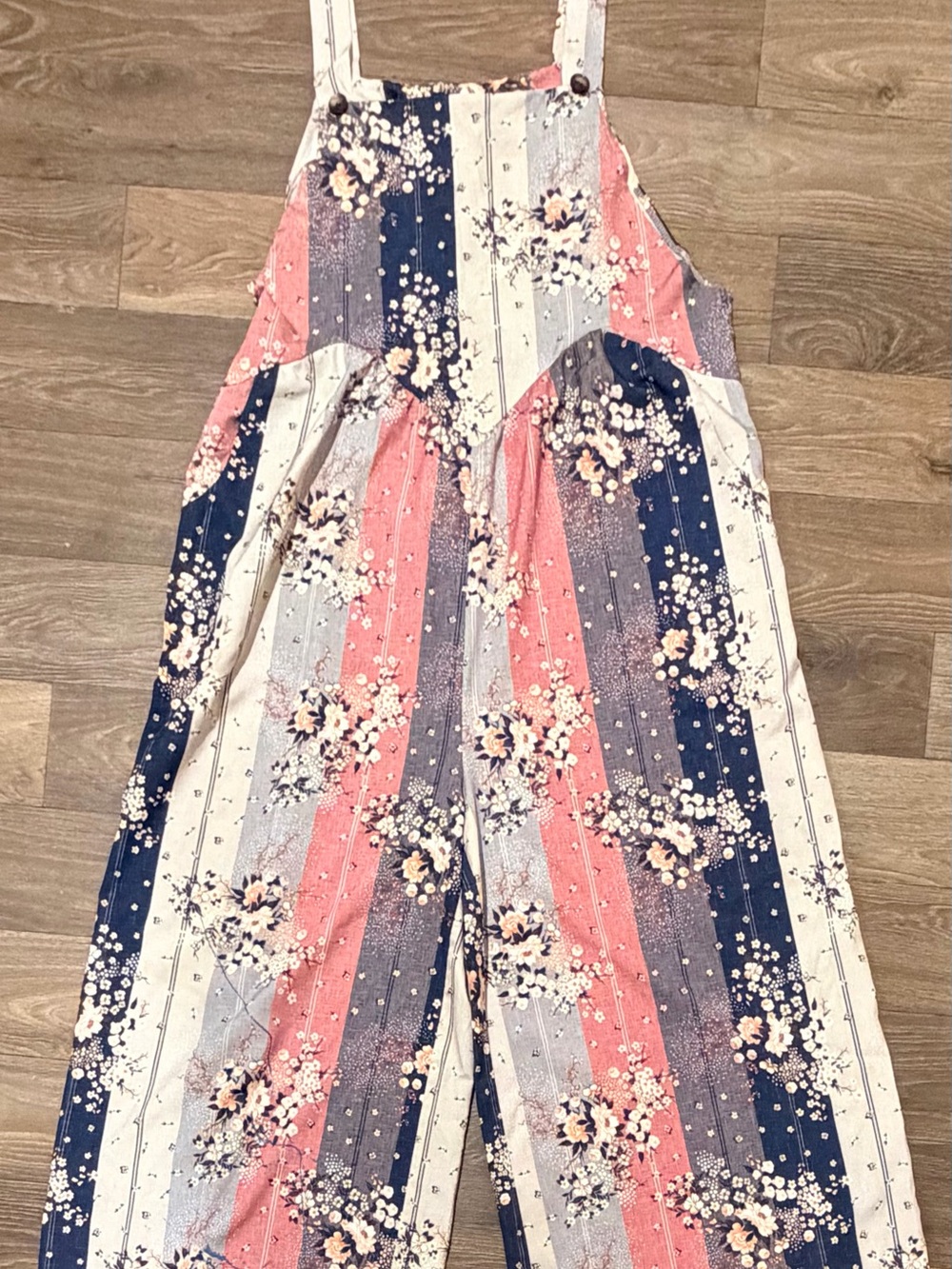 SHEIN Pink Navy White Floral Stripe Jumpsuit with Pockets